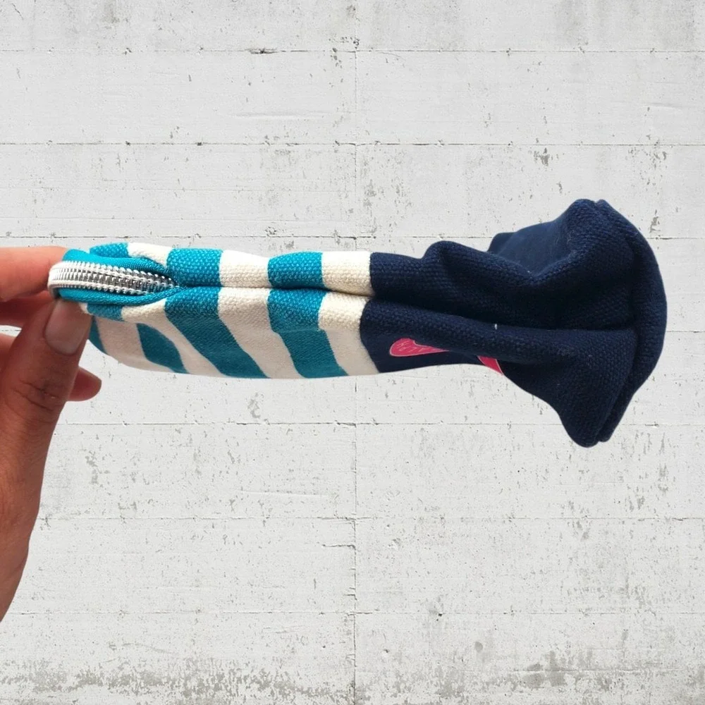 Ralph Lauren Striped Canvas Cosmetic‎ Pouch Navy Turquoise Pink Logo Travel Bag